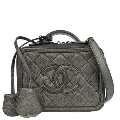 Chanel 2018-2019 Metallic Gray Calfskin Filigree 2way Shoulder Vanity Handbag