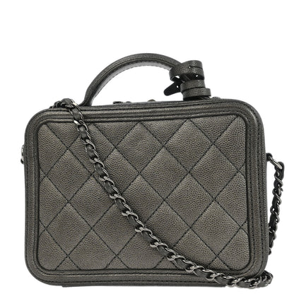 Chanel 2018-2019 Metallic Gray Calfskin Filigree 2way Shoulder Vanity Handbag