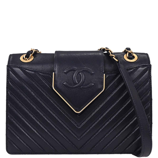 Chanel 2017 Navy Calfskin Chevron Shoulder Bag