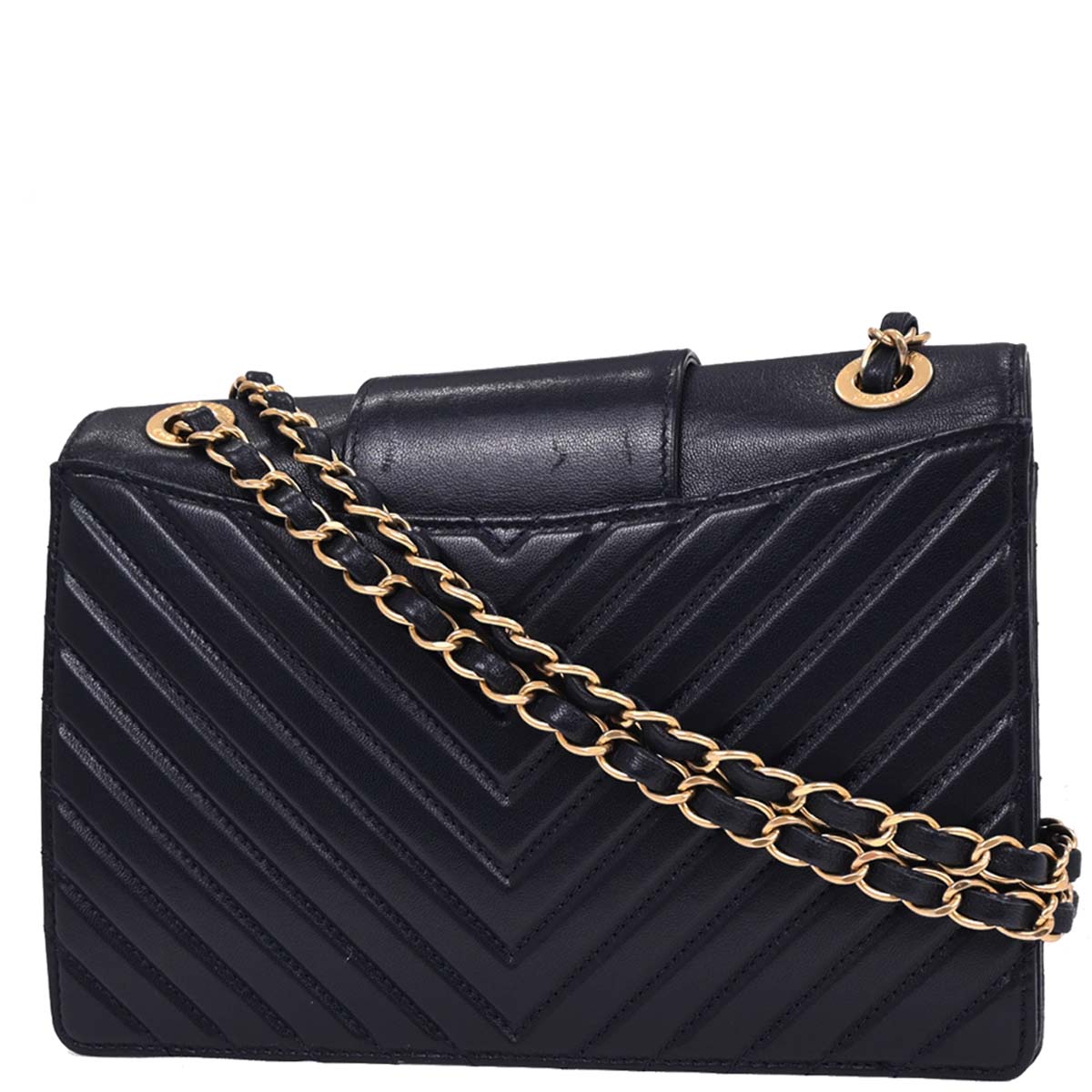 Chanel 2017 Navy Calfskin Chevron Shoulder Bag