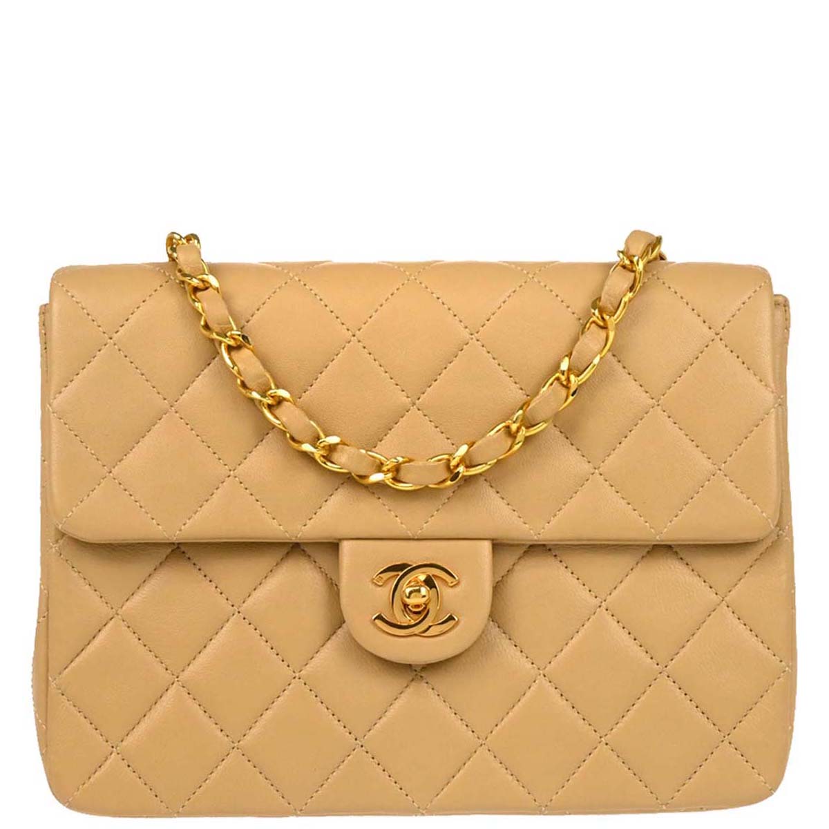 Chanel Beige Lambskin Classic Square Flap Shoulder Bag
