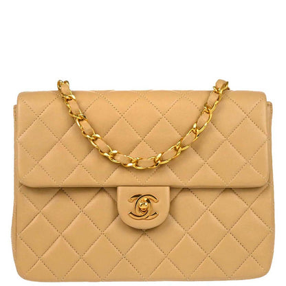Chanel Beige Lambskin Classic Square Flap Shoulder Bag