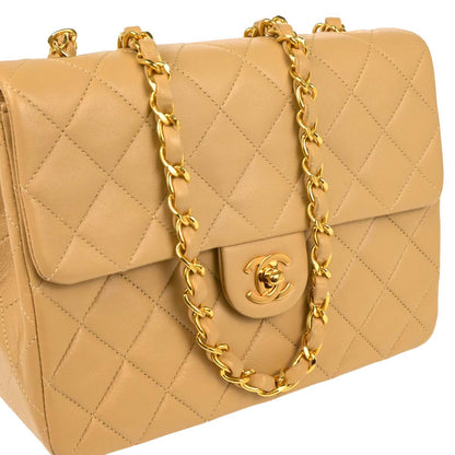 Chanel Beige Lambskin Classic Square Flap Shoulder Bag
