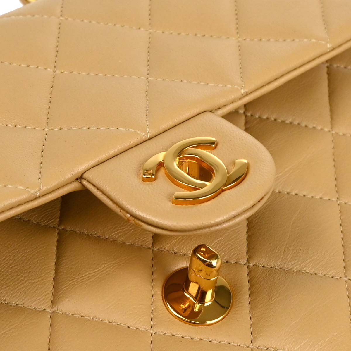 Chanel Beige Lambskin Classic Square Flap Shoulder Bag