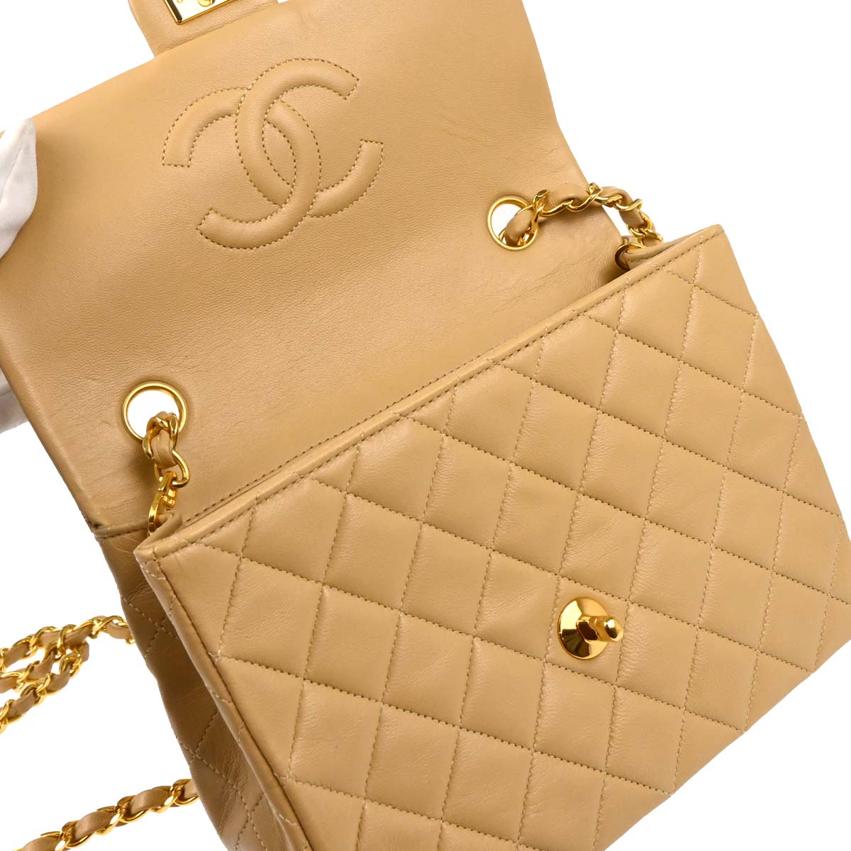 Chanel Beige Lambskin Classic Square Flap Shoulder Bag