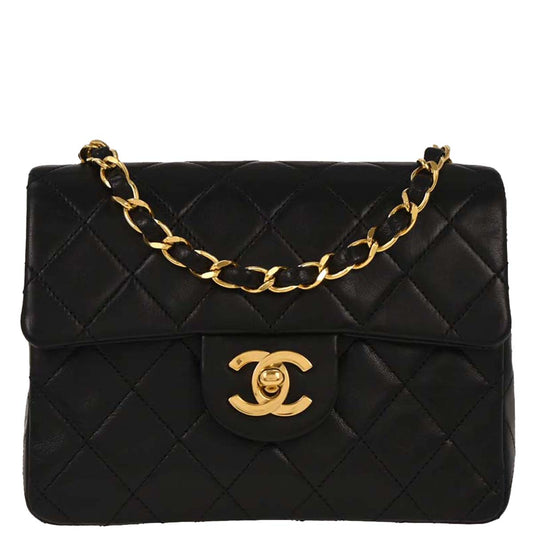 Chanel 1989-1991 Black Lambskin Mini Classic Square Flap Shoulder Bag