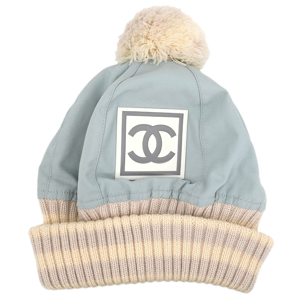 Chanel Light Blue Knit Cap Hat Sport Line #M Small Good