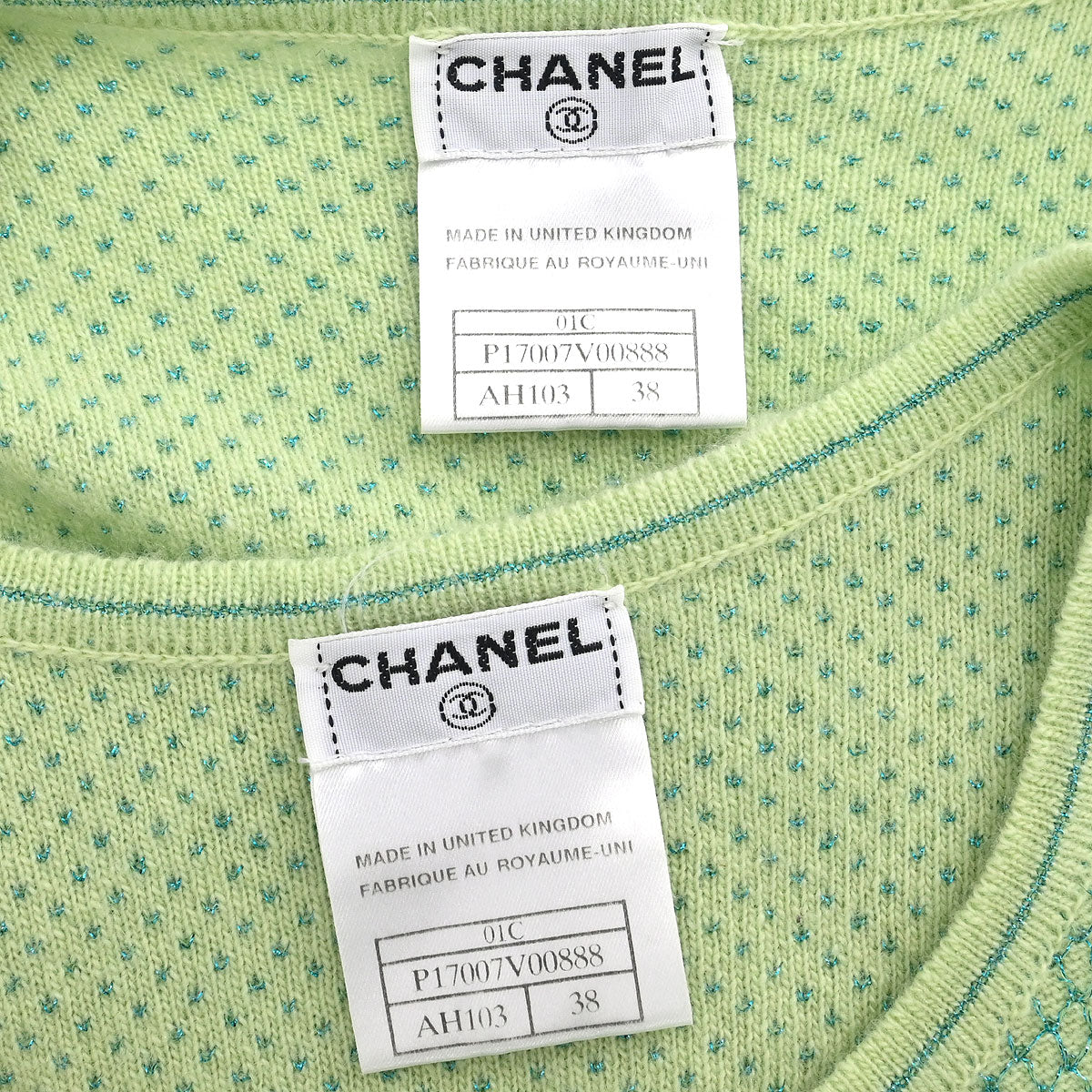 Chanel 2001 Ensemble Cardigan Short Sleeve Top Light Green #38