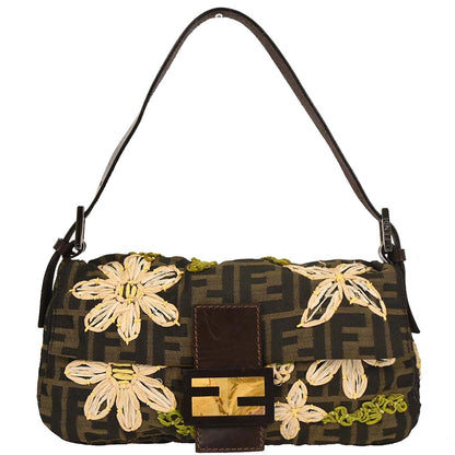 Fendi Brown Zucca Floral Baguette Handbag