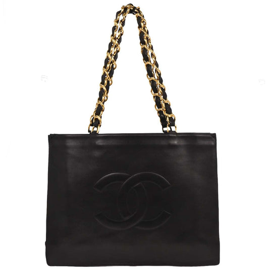 Chanel 1994-1996 Black Lambskin Tote Chain Handbag