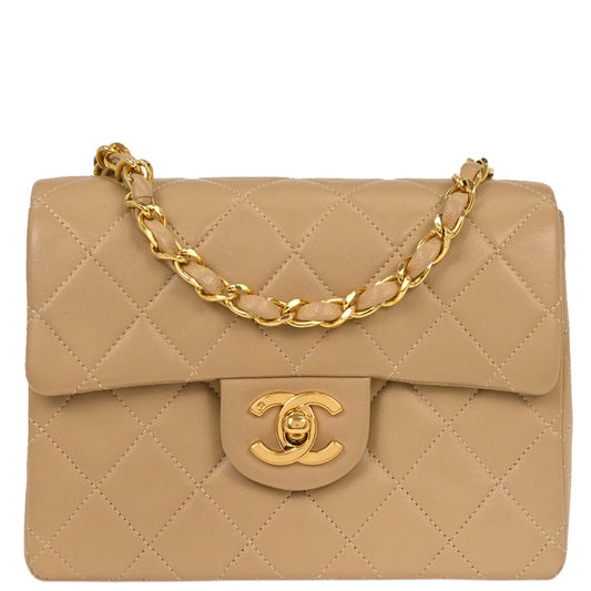 Chanel Beige Lambskin Mini Classic Square Flap Shoulder Bag