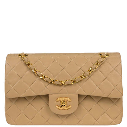Chanel 1989-1991 Beige Lambskin Small Classic Double Flap Shoulder Bag