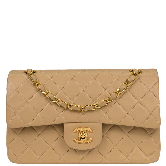 Chanel 1989-1991 Beige Lambskin Small Classic Double Flap Shoulder Bag