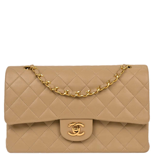 Chanel 1989-1991 Beige Lambskin Medium Classic Double Flap Shoulder Bag