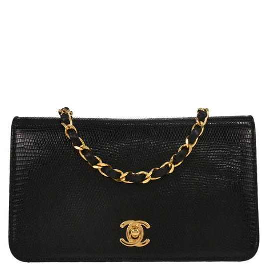 Chanel * Black Lizard Turnlock Mini Full Flap Shoulder Bag