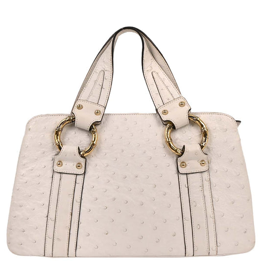 Gucci * White Ostrich Metal Bamboo Handbag
