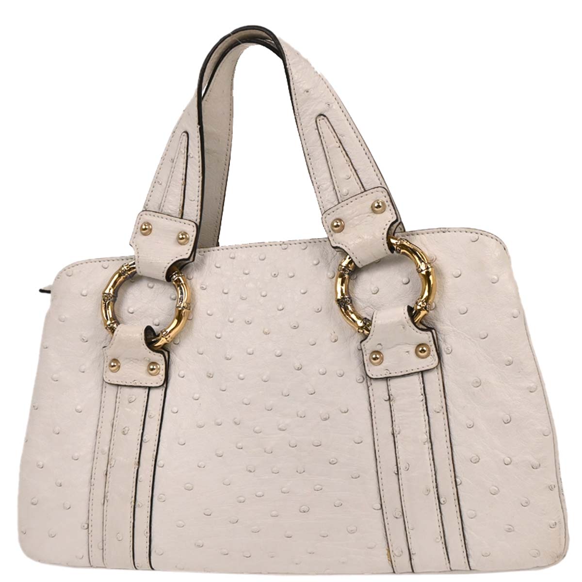 Gucci * White Ostrich Metal Bamboo Handbag