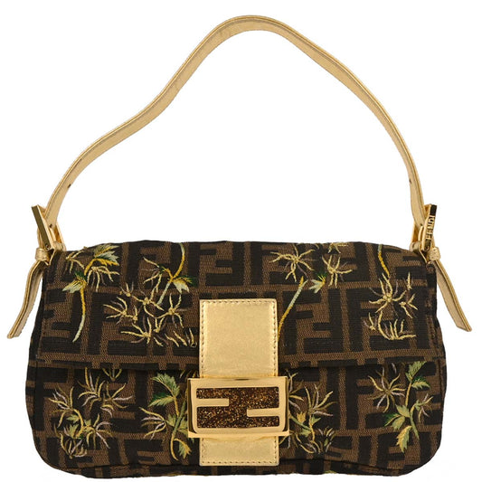 Fendi Gold Embroidered Zucca Baguette Handbag