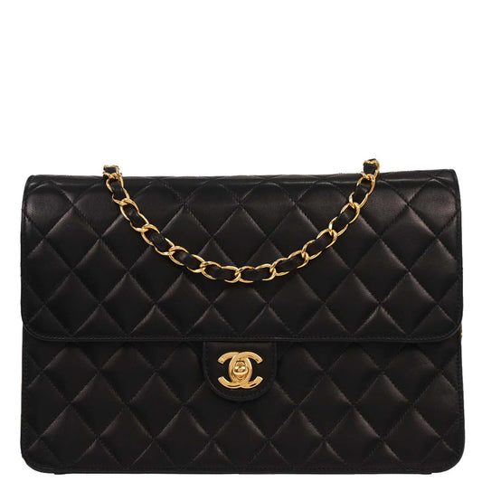 Chanel 2001-2003 Black Lambskin Turnlock Medium Half Flap Shoulder Bag