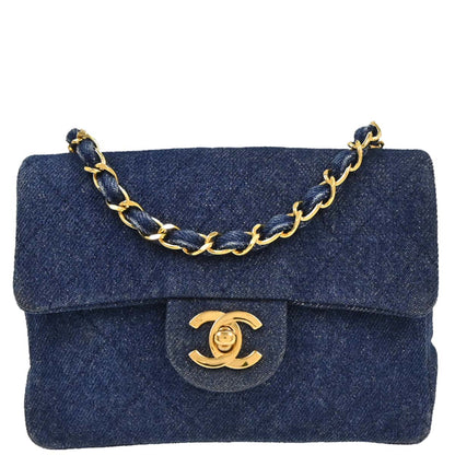 Chanel 1989-1991 Indigo Denim Mini Classic Square Flap Shoulder Bag
