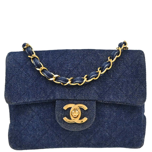 Chanel 1989-1991 Indigo Denim Mini Classic Square Flap Shoulder Bag
