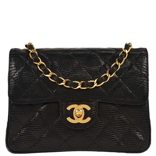 Chanel * Black Lizard Mini Classic Square Flap Shoulder Bag