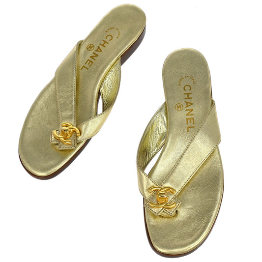 Chanel * Metallic Gold Lambskin Turnlock Shoes Sandals #37
