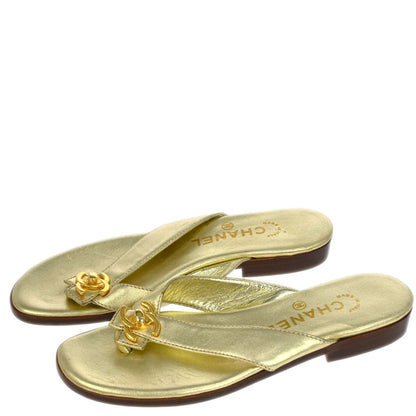 Chanel * Metallic Gold Lambskin Turnlock Shoes Sandals #37