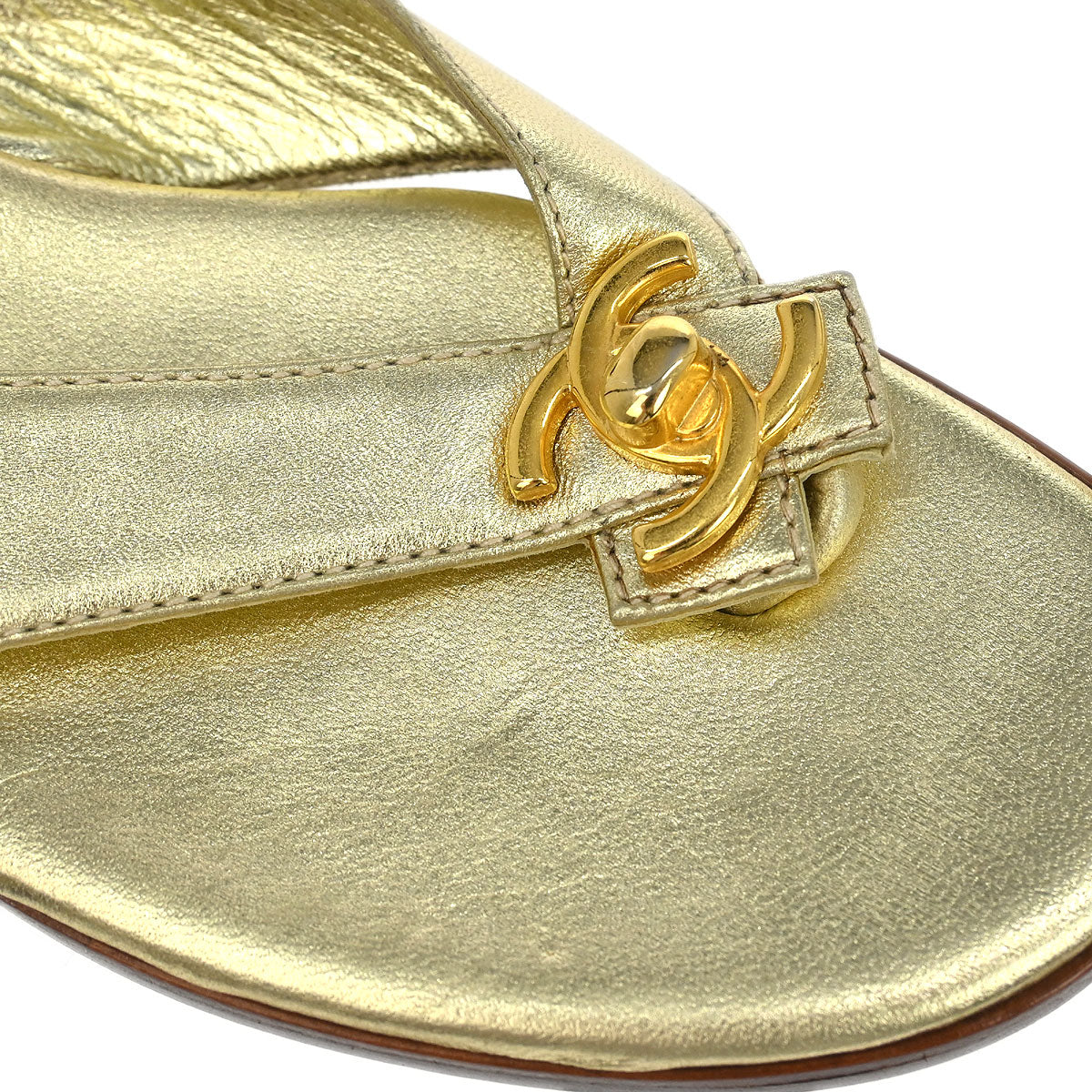 Chanel * Metallic Gold Lambskin Turnlock Shoes Sandals #37