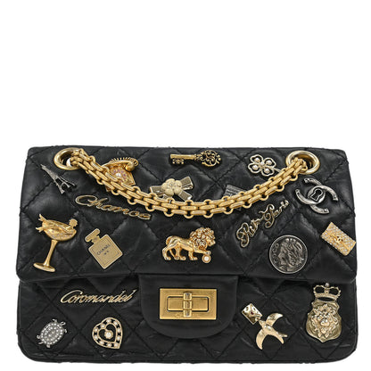 Chanel 2017 Black Calfskin Icon 2.55 Double Flap Shoulder Bag
