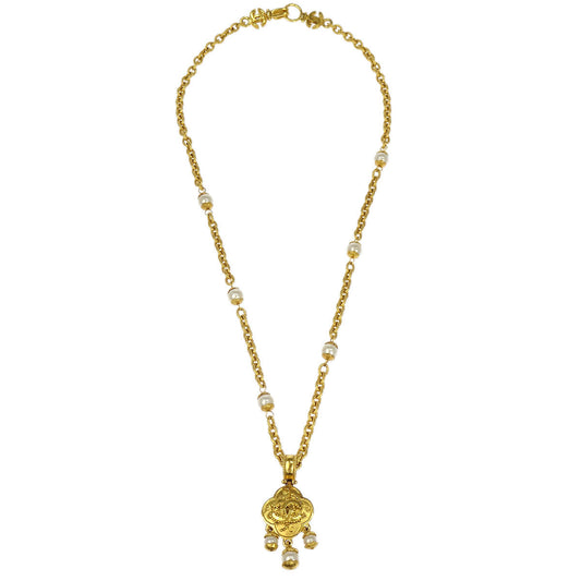 Chanel Costume Pearl Gold Chain Pendant Necklace 96A