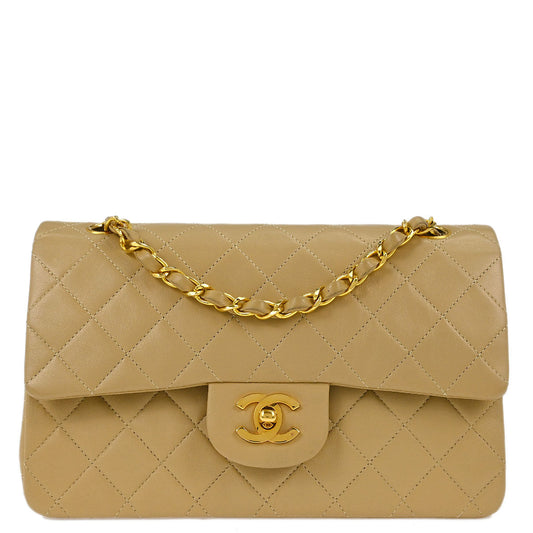 Chanel 1989-1991 Beige Lambskin Small Classic Double Flap Shoulder Bag