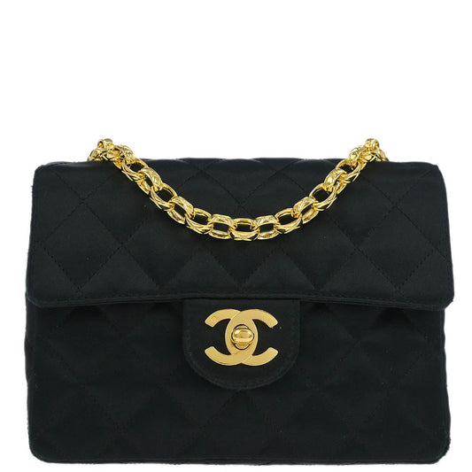 Chanel 1989-1991 Black Satin Mini Classic Square Flap Shoulder Bag