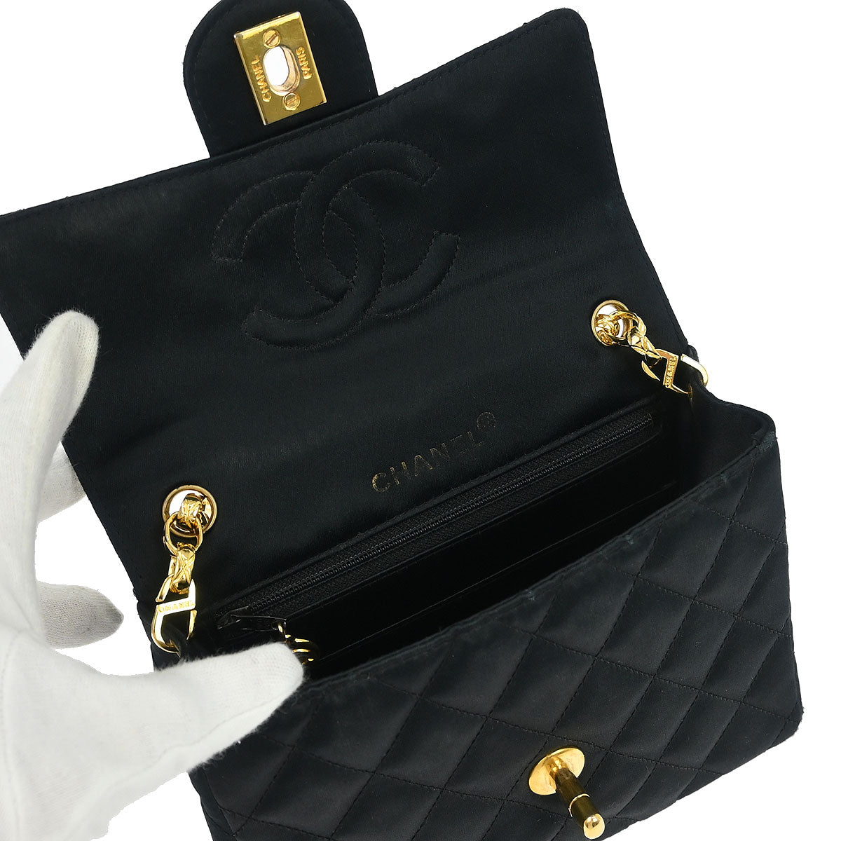 Chanel 1989-1991 Black Satin Mini Classic Square Flap Shoulder Bag