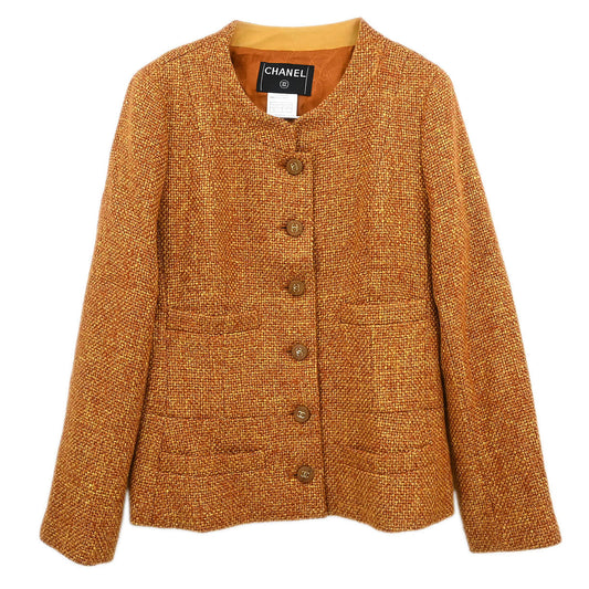 Chanel 2001 Single Breasted Collarless Jacket Brown 01A #42