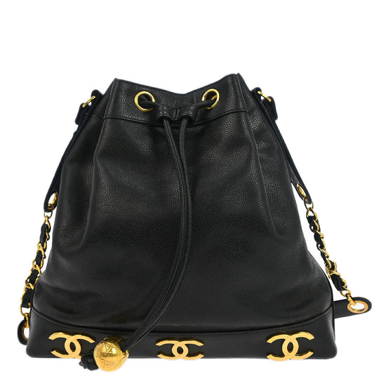 Chanel 1996-1997 Black Caviar Triple CC Drawstring Shoulder Bag