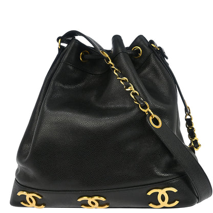 Chanel 1996-1997 Black Caviar Triple CC Drawstring Shoulder Bag