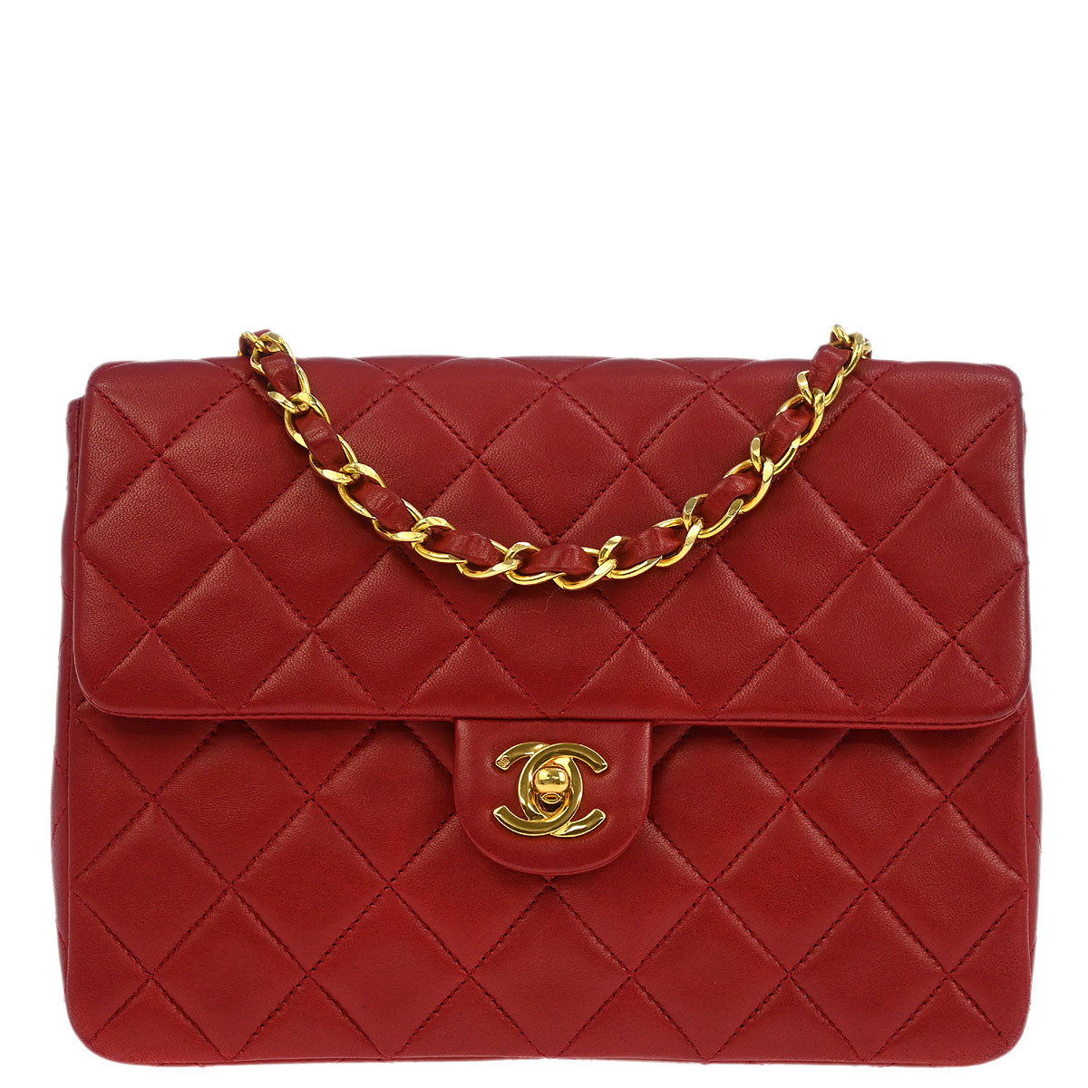 Chanel 1989-1991 Red Lambskin Classic Square Flap Shoulder Bag