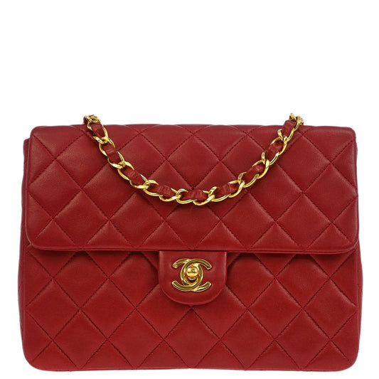 Chanel 1989-1991 Red Lambskin Classic Square Flap Shoulder Bag