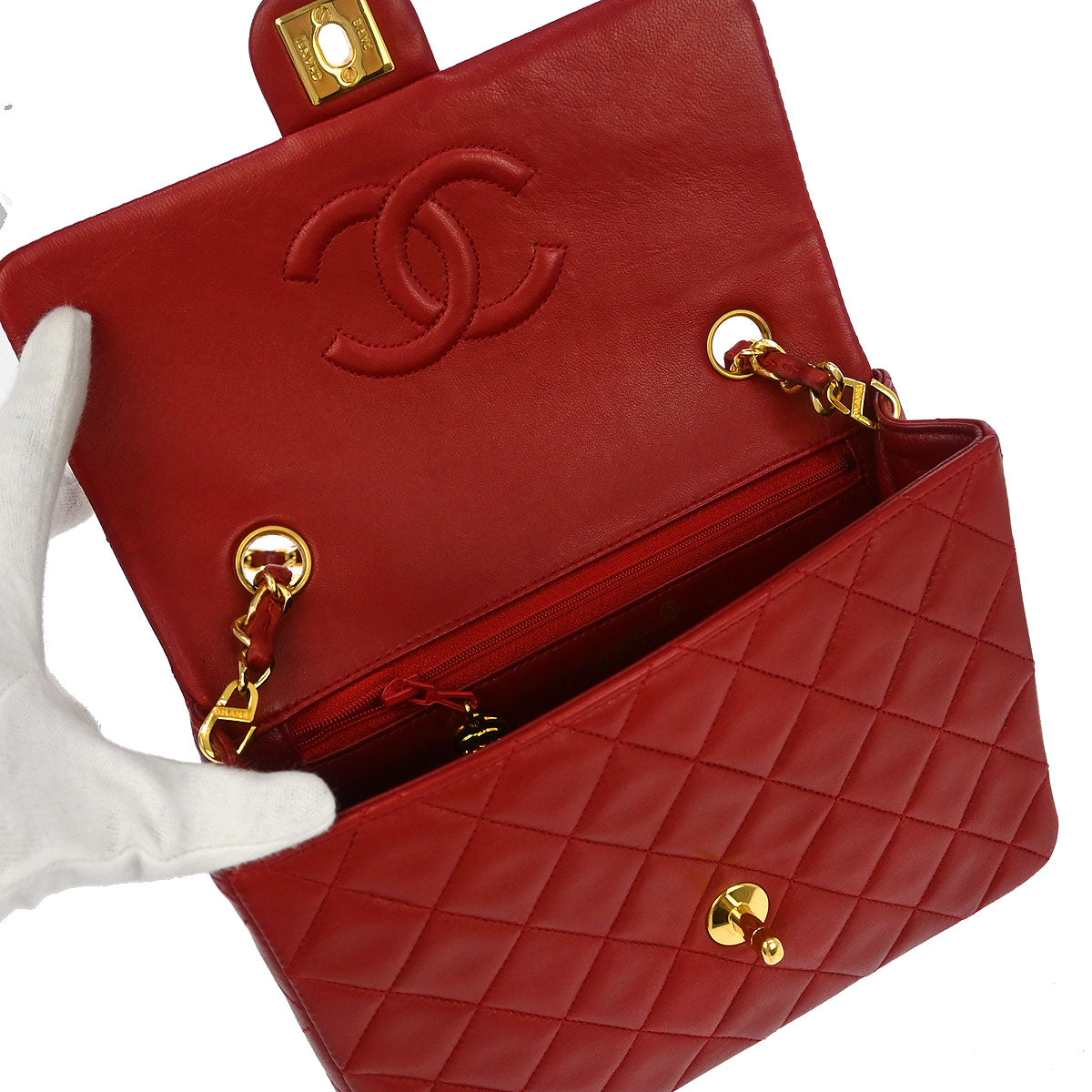 Chanel 1989-1991 Red Lambskin Classic Square Flap Shoulder Bag