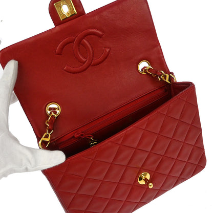 Chanel 1989-1991 Red Lambskin Classic Square Flap Shoulder Bag
