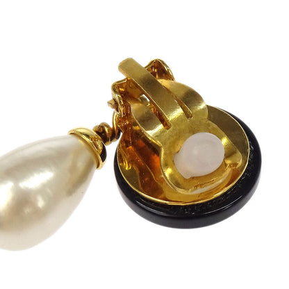 Chanel Costume Pearl Dangle Earrings Clip-On Black 95A