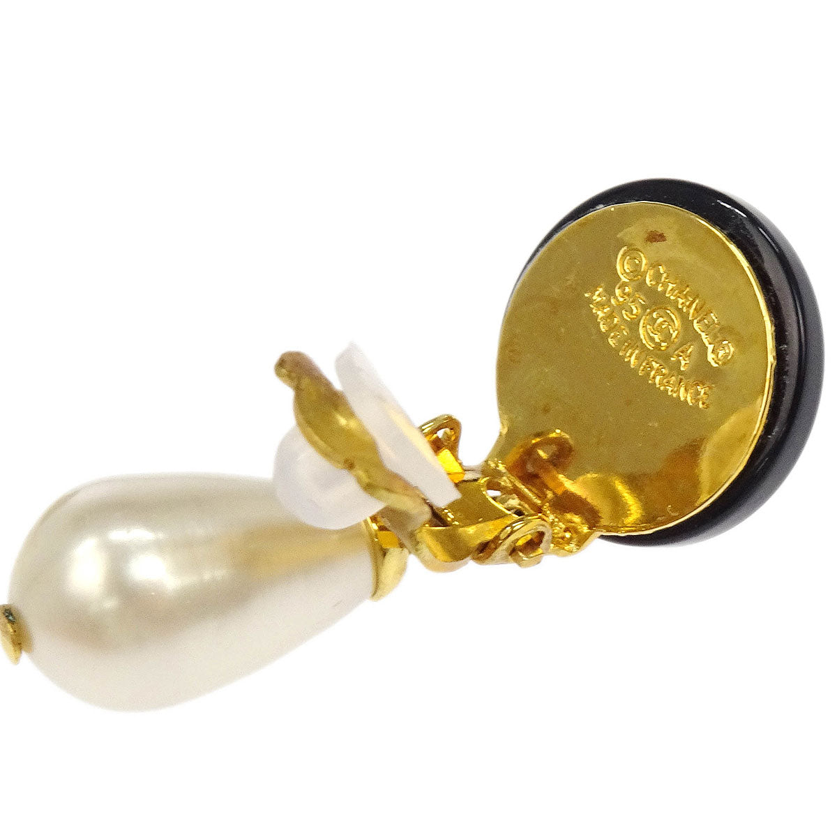 Chanel Costume Pearl Dangle Earrings Clip-On Black 95A