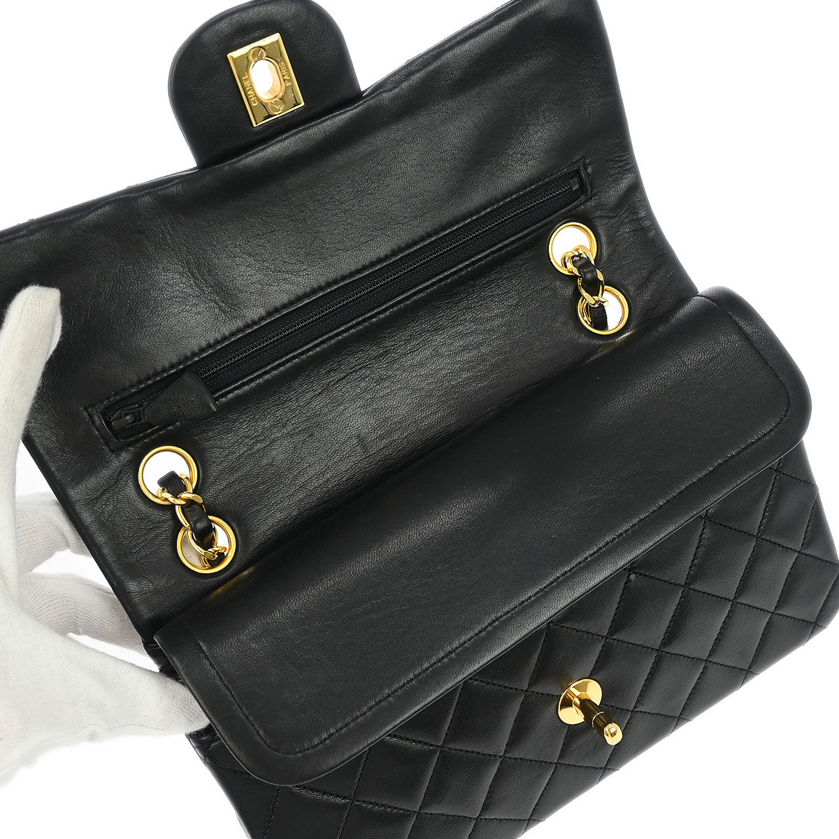 Chanel 1989-1991 Black Lambskin Small Classic Double Flap Shoulder Bag