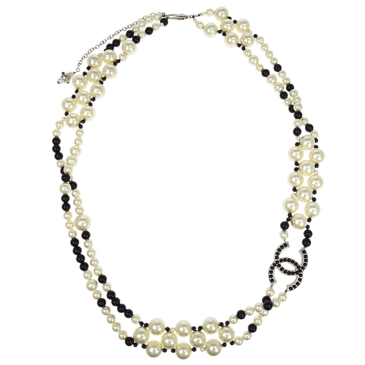 Chanel Costume Pearl Chain Necklace Silver 03C