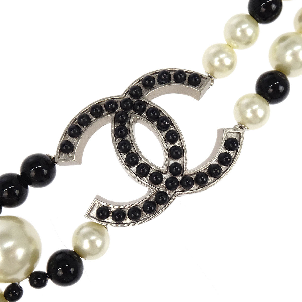Chanel Costume Pearl Chain Necklace Silver 03C