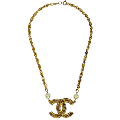 Chanel Costume Pearl CC Chain Necklace Pendant Gold