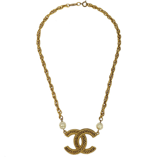 Chanel Costume Pearl CC Chain Necklace Pendant Gold