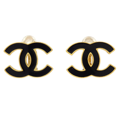 Chanel CC Black Earrings Clip-On Gold 02A