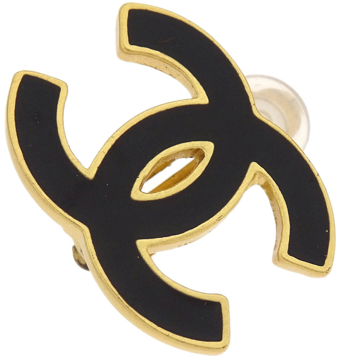 Chanel CC Black Earrings Clip-On Gold 02A